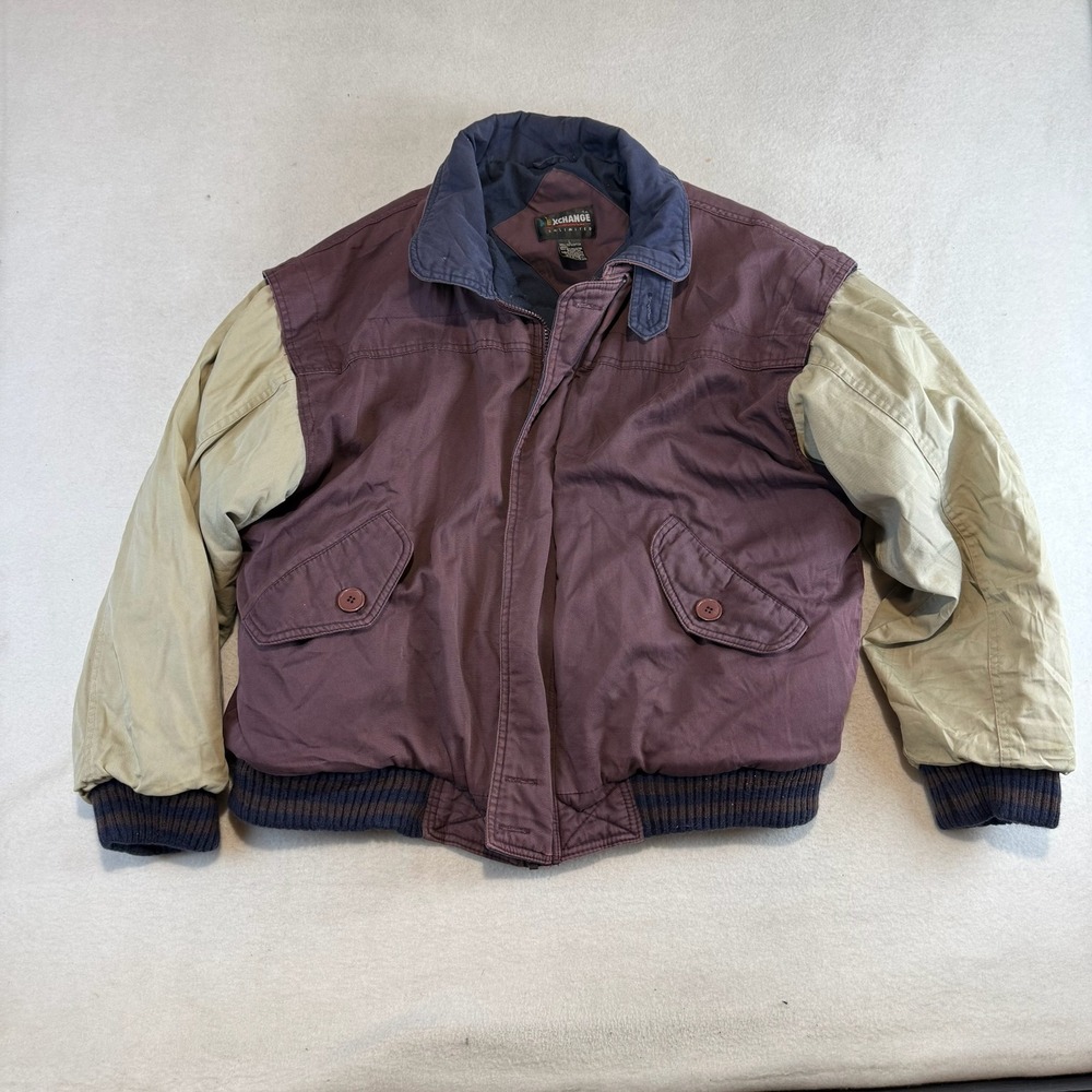 Vintage Exchange Unlimited 90s Bomber Jacket Maroon Tan Colorblock Mens Large